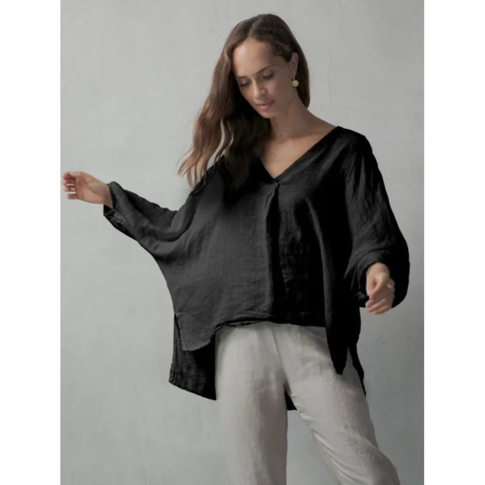 Luxmii Relaxed Pallocino Top Black Linen‎ Oversized V-Neck Batwing Sleeve S/M